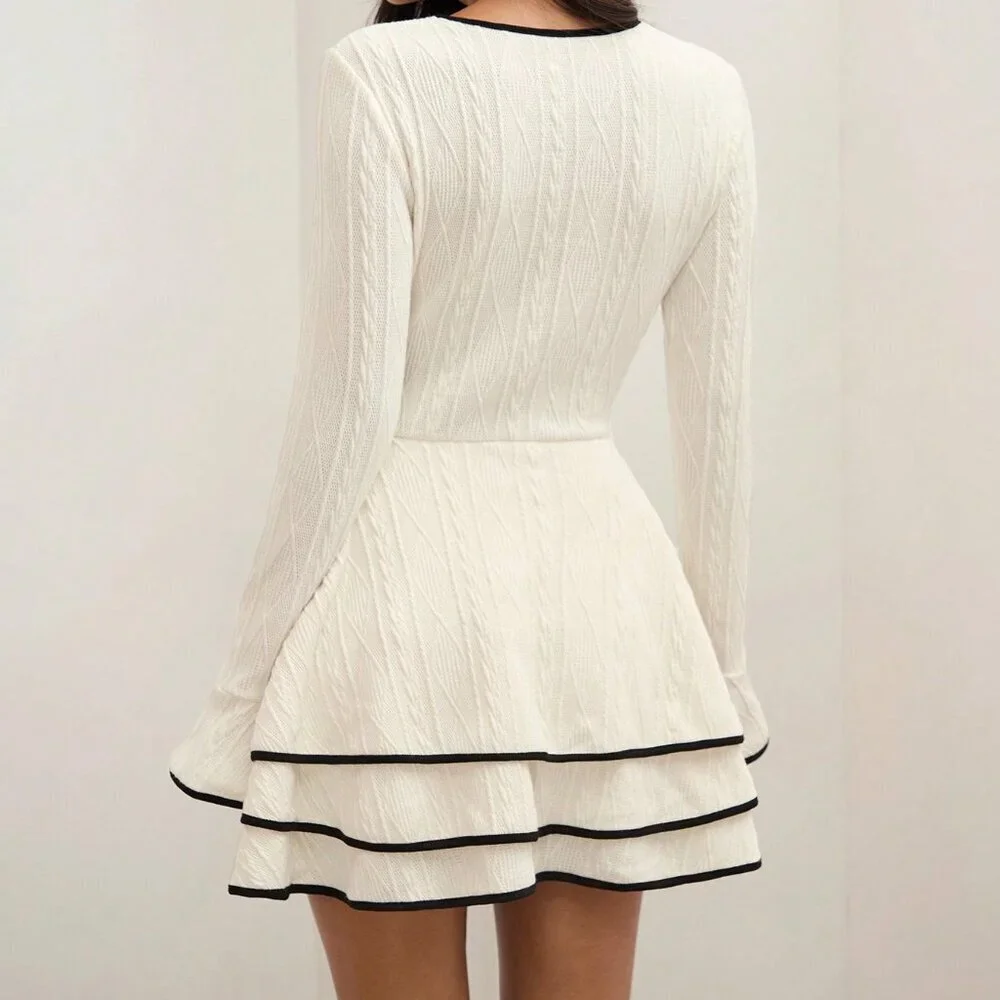 Multicolor Casual Women's Old Money Patchwork Trim Layered Hem Dress - Picture 5 of 6